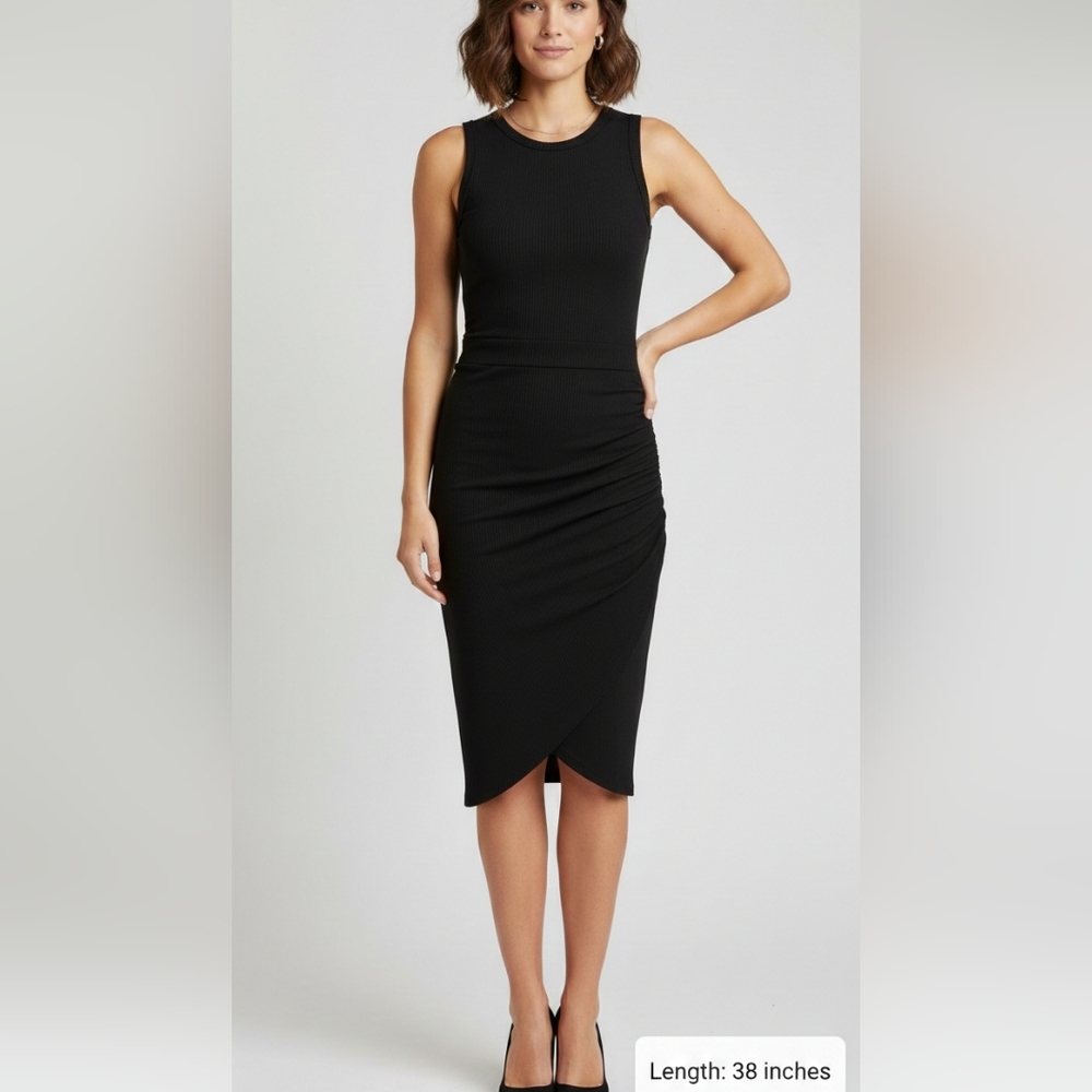 LBD Sleeveless Ruched Bodycon Midi Dress - Black - 38" Length